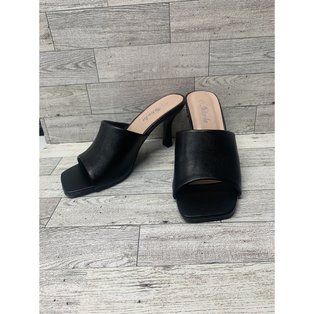 Sheln Women's Black Heeled Sandal Square Toe Size 7 Dressy Summer Platform